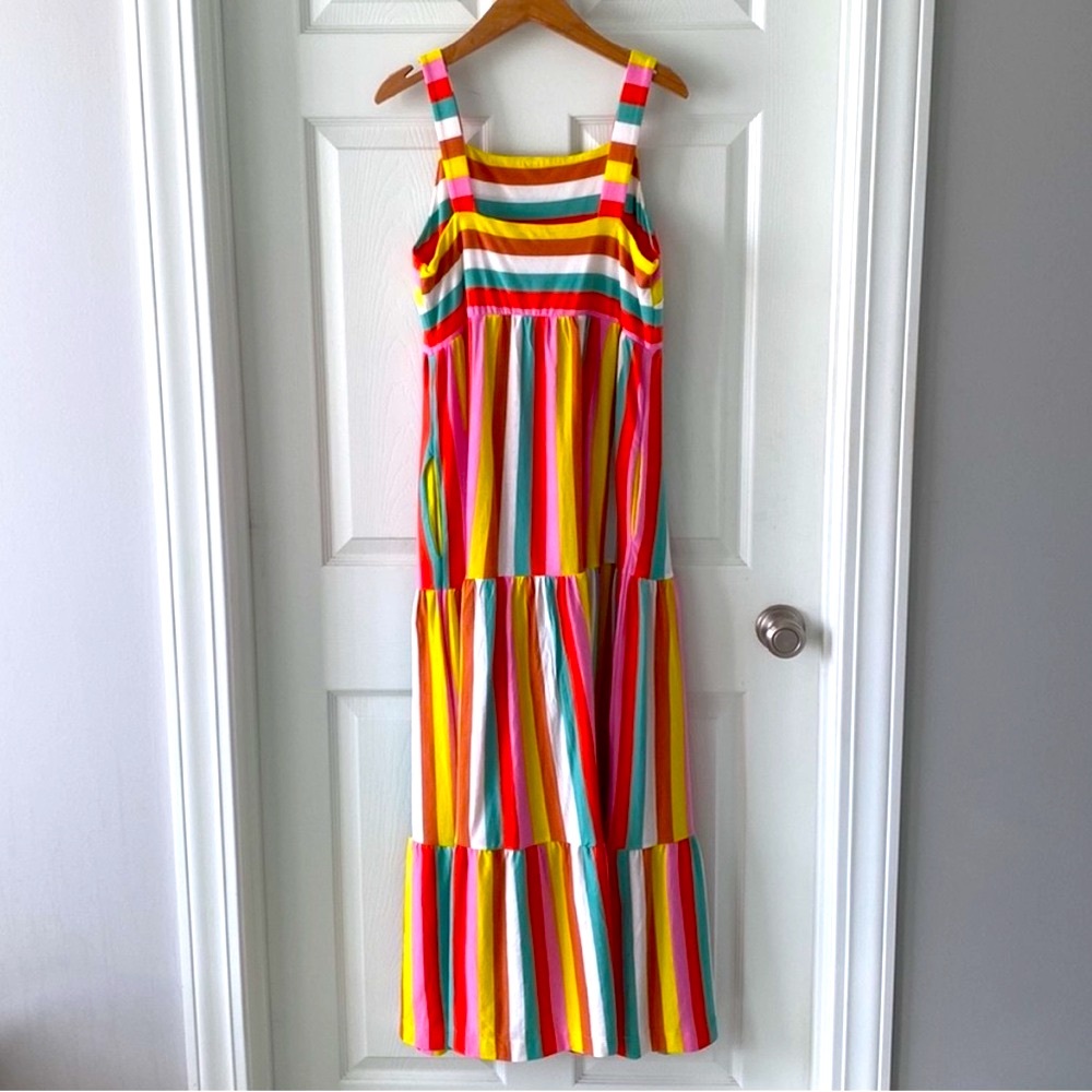 J. Crew Rainbow Striped Tiered Maxi Dress Colorful Flowy Pockets Midi Cotton - Picture 8 of 16